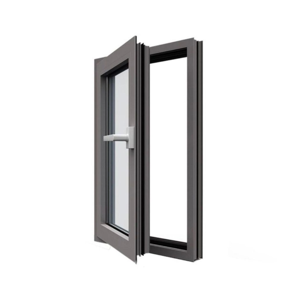 Finestra a battente con serramento grigio scuro, dettaglio apertura