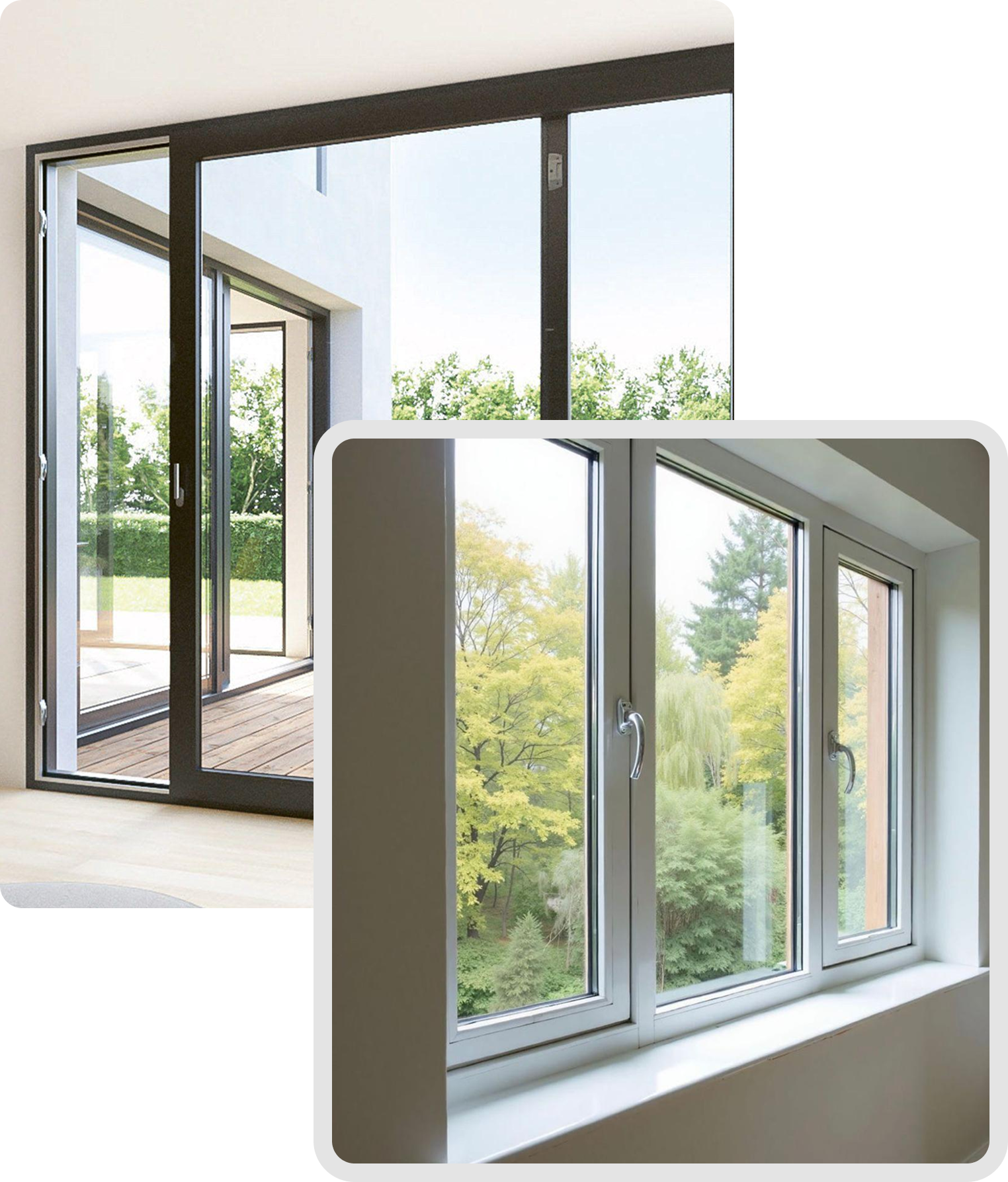 Collage serramenti: scorrevole a vetri con telaio scuro e finestre bianche, viste interne