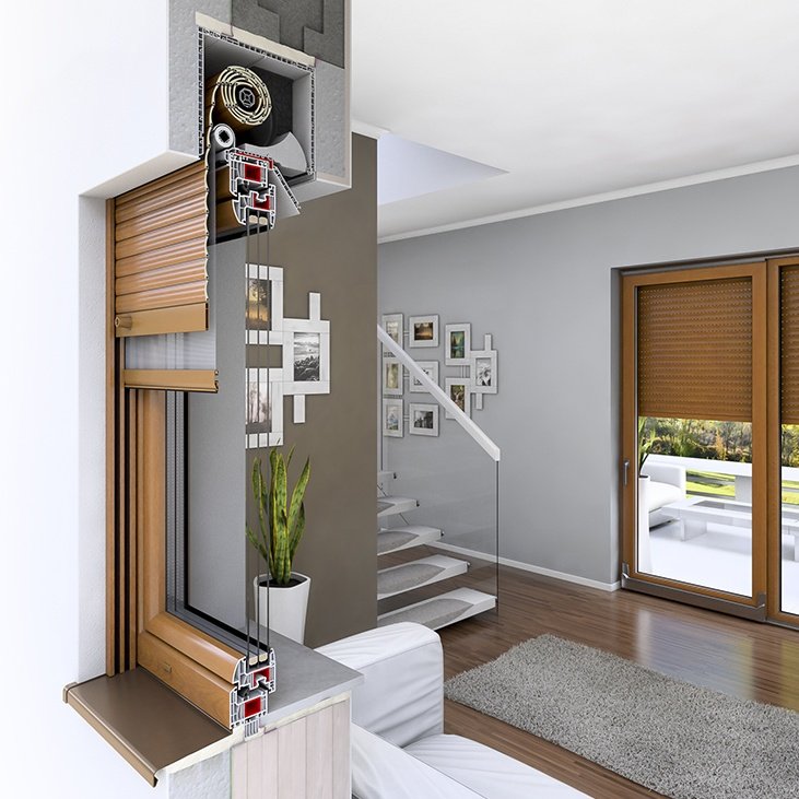 Sezione tecnica tapparella con cassonetto e guide, vista interna